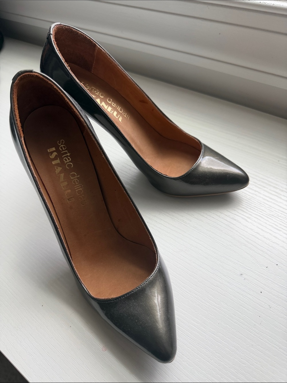 Metallic Gray Pointed-Toe Heels